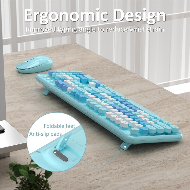 Links9+ Wireless Keyboard and Mouse, Full-Size Retro Typewriter Keyboard with Round Keycaps, 2.4GHz for Windows, Mac, Laptop, PC, Desktop (Blue Colorful) - Image 3